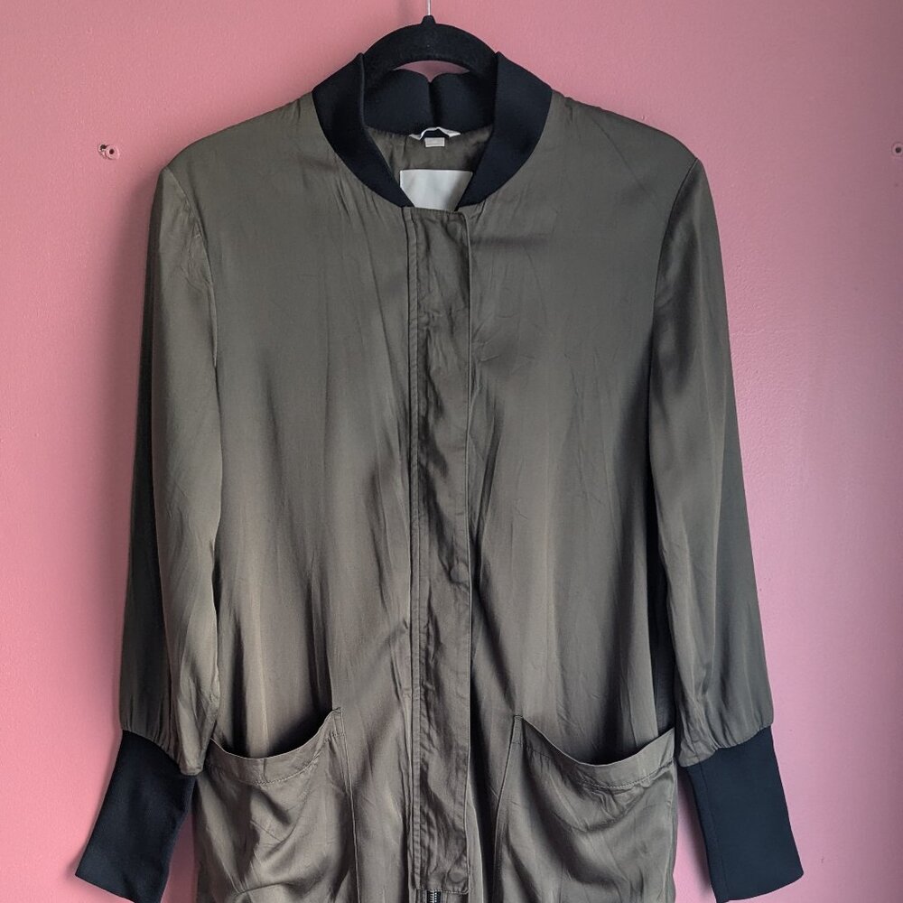 Soia & Kyo Bia Bonsai Green Modal Satin Unlined Long Bomber Jacket